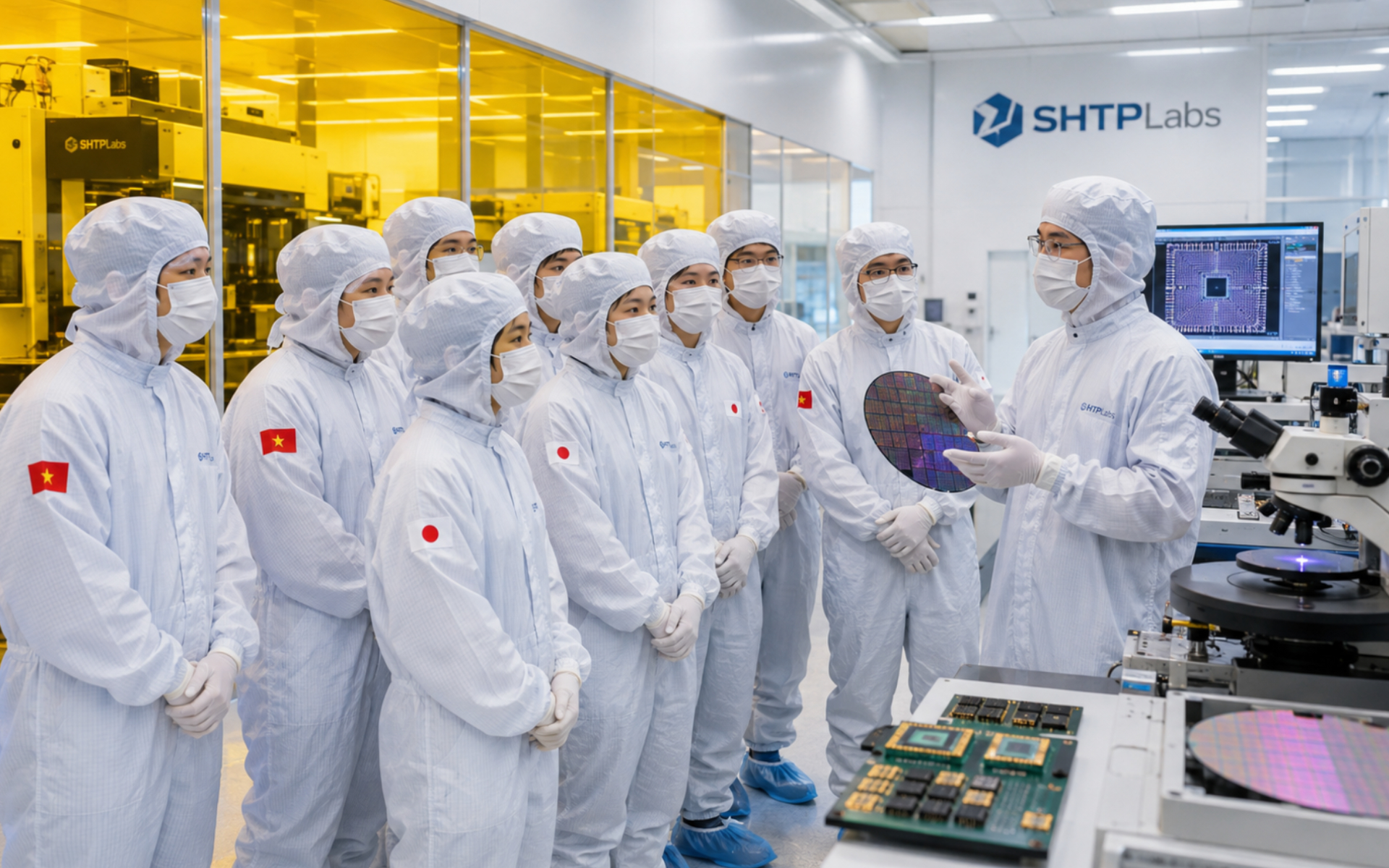 Sinh viên Việt Nam và Nhật Bản tham quan phòng sạch tại SHTP Labs, tìm hiểu về công nghệ chế tạo chất bán dẫn. (Ảnh: SHTP Labs)