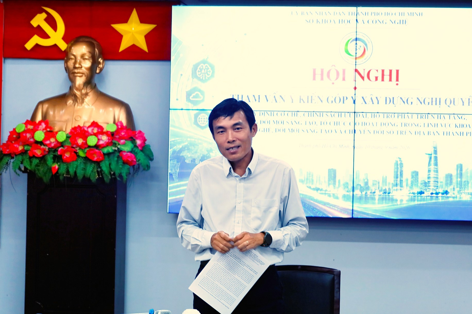 Ông Võ Minh Thành, Phó Giám đốc Sở KH&CN TP Hồ Chí Minh, phát biểu tại hội nghị gần đây. (Ảnh: Lưu Niệm/ Báo Tin tức và Dân tộc)