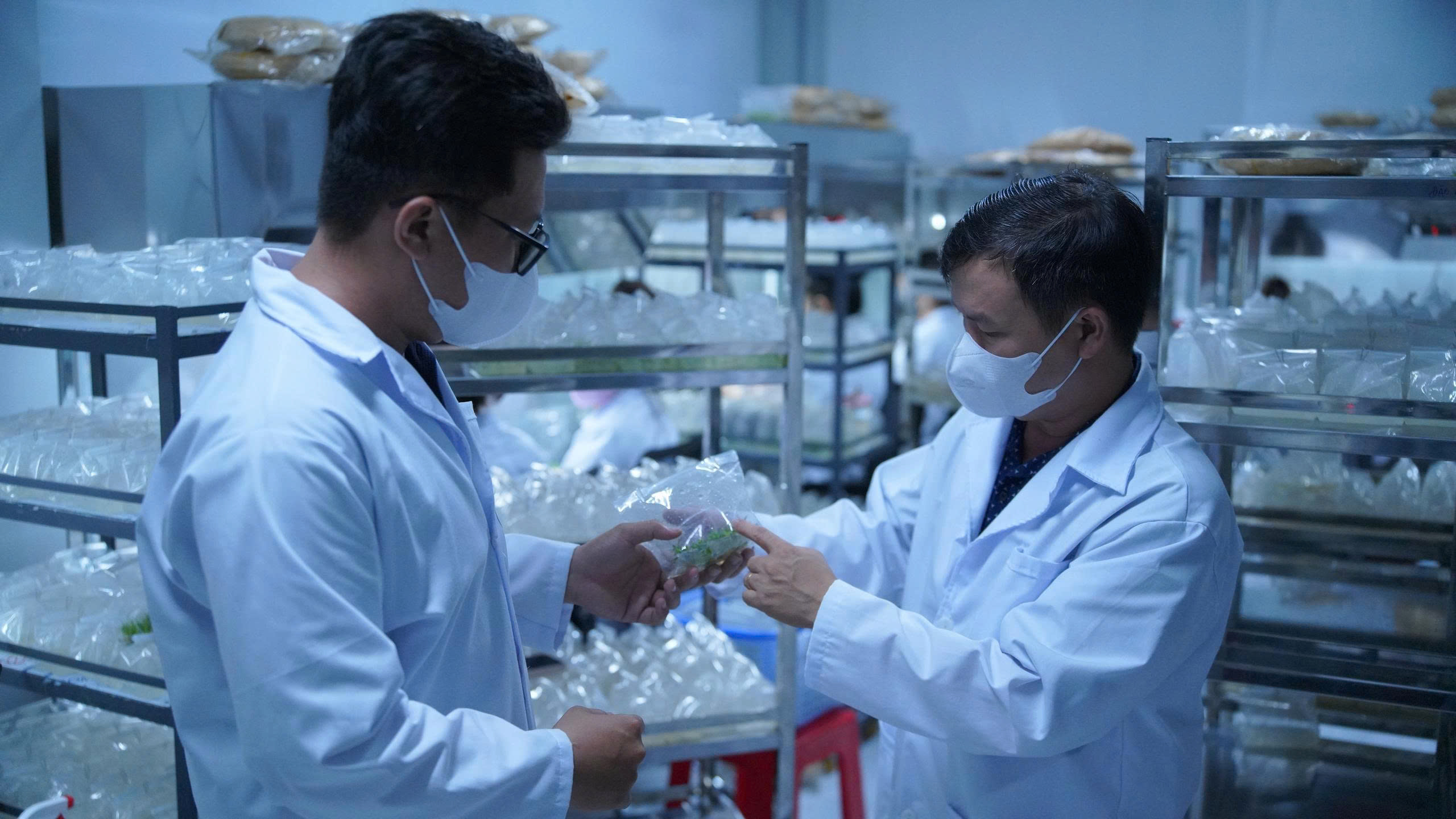 Các nhà khoa học nghiên cứu tại phòng thí nghiệm, phát triển các giải pháp công nghệ phục vụ nhu cầu thực tiễn. (Ảnh: Lưu Niệm/Báo Tin tức và Dân tộc)