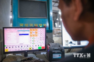 Toàn bộ quy trình tại JICOWOOD từ tiếp nhận đơn hàng, thiết kế, sản xuất, kiểm soát chất lượng, tồn kho, giao hàng đều được kết nối trên nền tảng dữ liệu số, giúp dễ dàng theo dõi, truy xuất và quản lý theo thời gian thực. (Ảnh: Hoàng Hiếu/TTXVN)