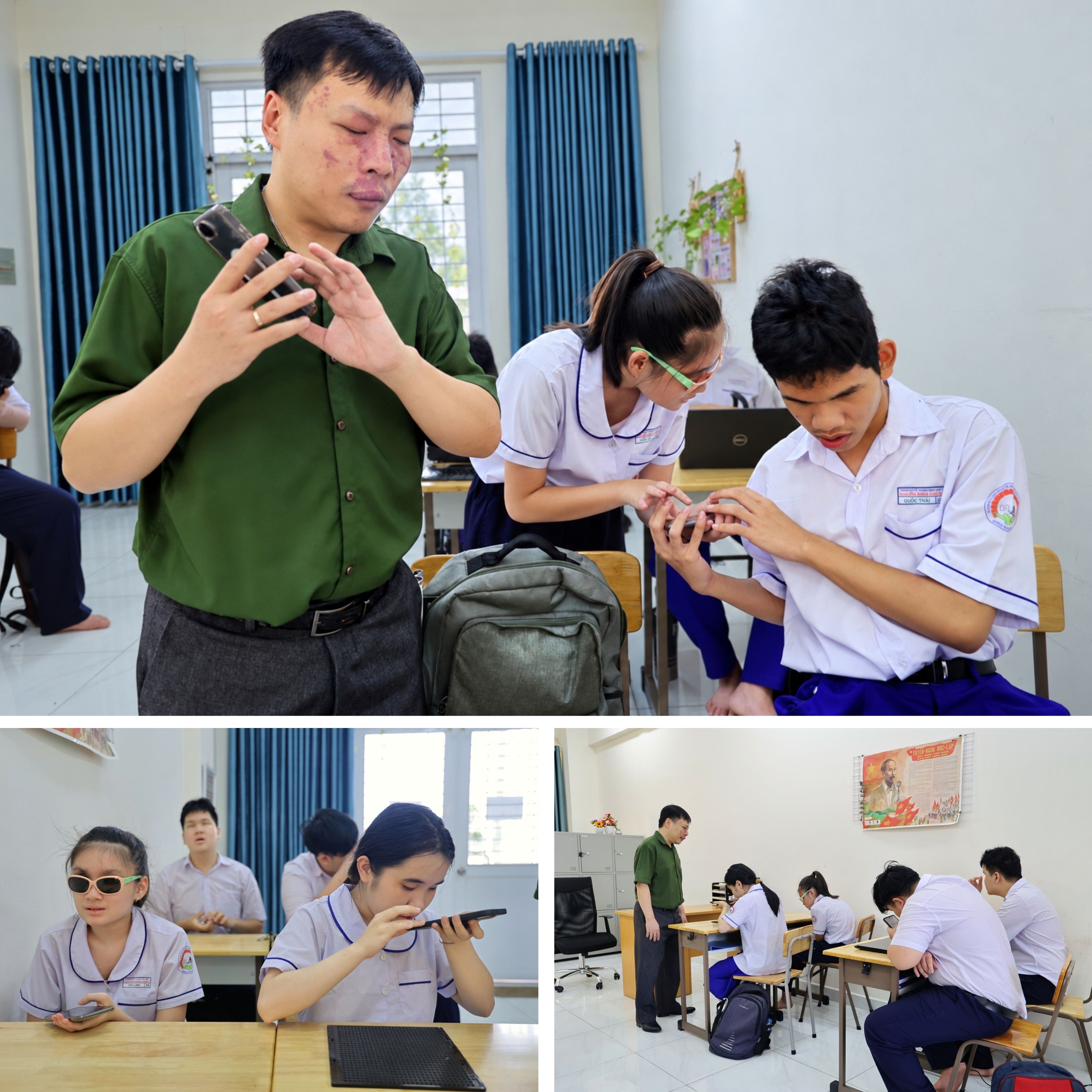 Em Trần Hoàng Hải Lam (bên trái), học sinh lớp 9, chia sẻ sự thích thú với các tính năng hỗ trợ nhận biết mệnh giá tiền, màu sắc và đọc văn bản của ứng dụng.&nbsp;(Ảnh: Lưu Niệm/Báo Tin tức và Dân tộc)