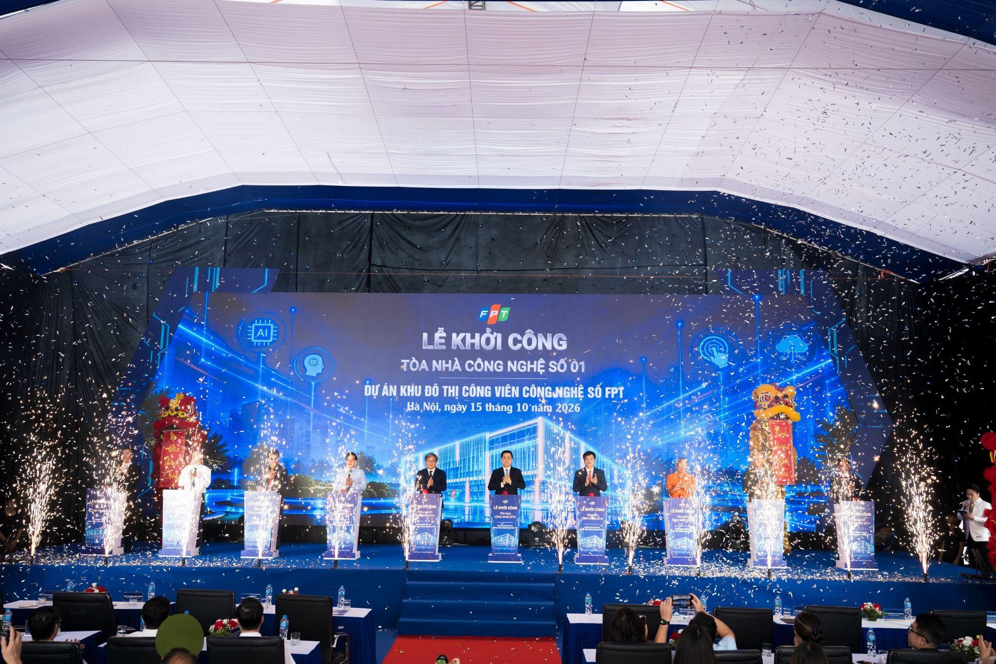 Nghi thức khởi công Tòa nhà Công nghệ số 01, thuộc dự án Khu đô thị Công viên công nghệ số FPT tại phường Phú Diễn và phường Tây Tựu, thành phố Hà Nội.